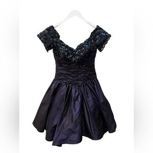 Beautiful Vintage Lopez Knudsen Navy Silk Dress with Sequin & Lace Detail